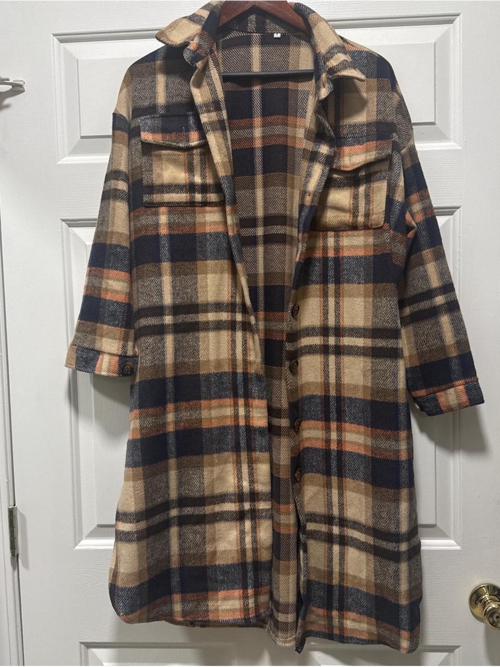 Plaid Long Button-Up Shacket Coat in Beige and Navy